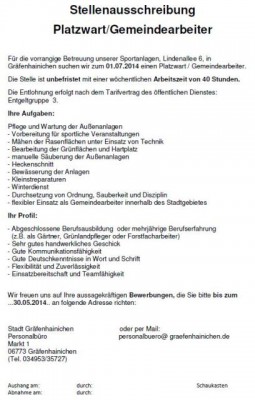Stadt GHC sucht Platzwart für Gelände/Sportplätze des VfB!!