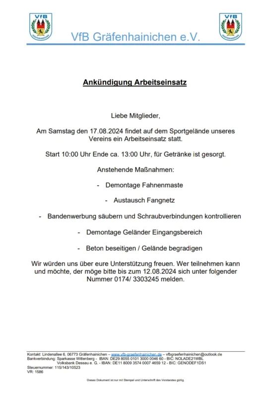 Arbeitseinsatz am Gelände geplant!